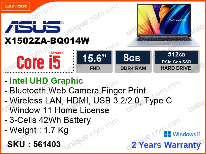 ASUS Vivobook X1502ZA-BQ014W Quiet Blue (Intel Core i5-1235U, 8GB DDR4 3200MHz (1 slot free), PCIe M.2 SSD 512GB, Window 11, 15.6" FHD VIPS 1920x1080, Weight 1.7 Kg)