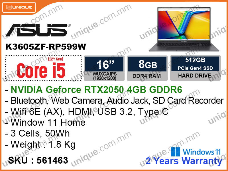 ASUS Vivobook 16X K3605ZF-RP599W Indie Black (Intel Core i5-12500H, 8GB DDR4 3200MHz (1 slot free), PCIe M.2 SSD  512GB, Nvidia Geforce RTX2050 4GB GDDR6, Window 11,  16" WUXGA (1920x1200) IPS, Weight 1.8 Kg)