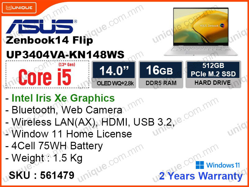 ASUS Zenbook 14 Flip UP3404VA-KN148WS Foggy Silver (Intel Core i5-1340P, 16GB DDR5 6400MHz, PCIe Gen4 M.2 SSD 512GB, Window 11, 14" OLED Touch Screen 2.8K 2880x1800, Weight 1.5kg)