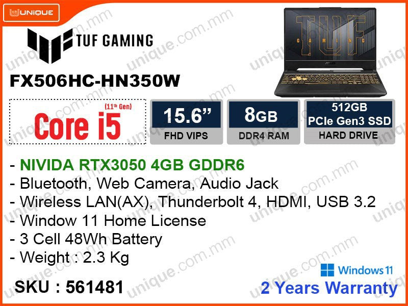 TUF F15 FX506HC-HN350W Graphite Gray (Intel Core i5-11400H, 8GB DDR4, PCIe NVMe M.2 SSD 512GB, Nvidia Geforce RTX3050 4GB DDR6, Window 11, 15.6'' FHD, Weight 2.3kg)