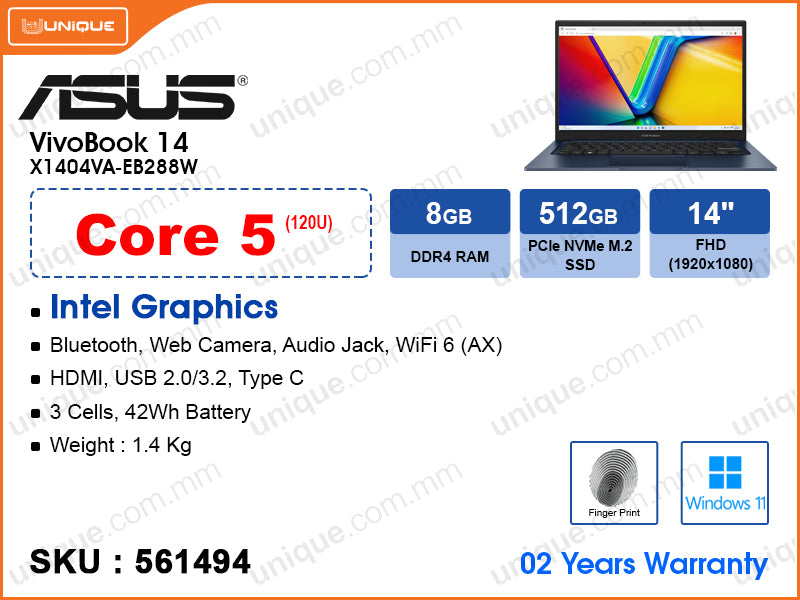 ASUS VivoBook 14 X1404VA-EB288W Quiet Blue (Intel Core 5-120U, 8GB DDR4 3200MHz, 512GB M.2 NVMe PCIe SSD, Window 11, 14" FHD (1920x1080), Weight 1.4 Kg)