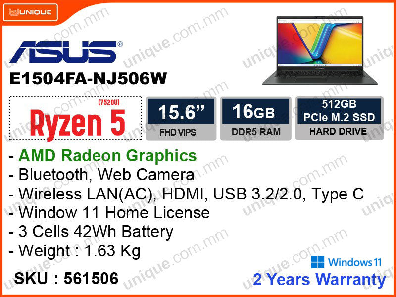 ASUS Vivobook E1504FA-NJ506W Mixed Black (AMD Ryzen5-7520U, 16GB DDR5 5500MHz, PCIe M.2 SSD 512GB, Window 11, 15.6" FHD VIPS 1920x1080, Weight 1.63 Kg)