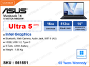 ASUS Vivobook 16 X1607CA-MB035W Quiet Blue (Intel Core Ultra 5-225H, 16GB DDR5 5600MHz (onboard 16GB + 1 slot free, up to 32GB), 512GB PCIe M.2 SSD (no slot free), Window 11, 16" WUXGA (1920x1200) IPS Level Panel,  Weight 1.88 Kg)