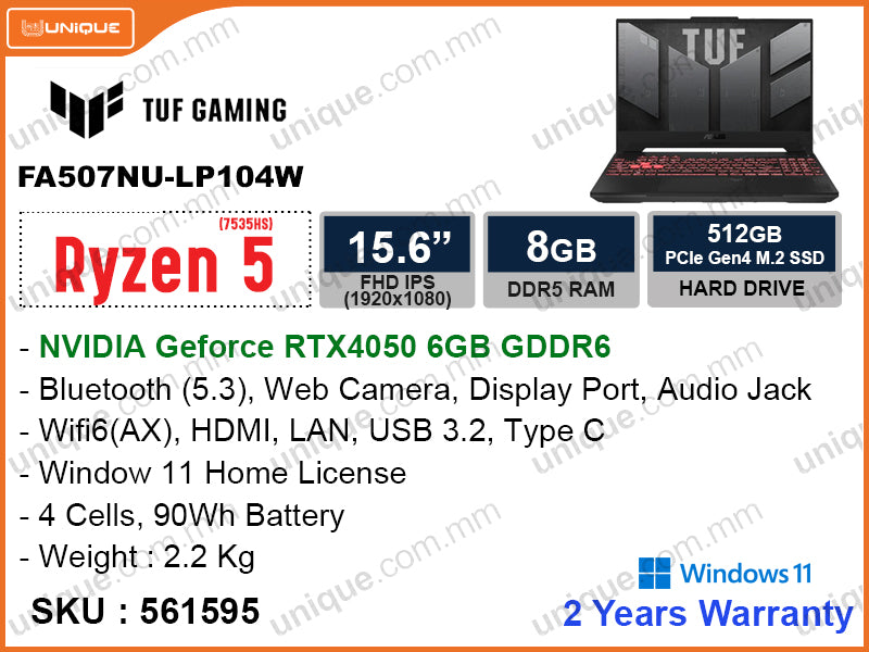 TUF A15 FA507NU-LP104W Mecha Gray (AMD Ryzen 5-7535HS, 8GB DDR5 4800MHz (1 slot free), PCIe M.2 SSD 512GB (M.2 PCIe Slot Free), Nvidia Geforce RTX4050 6GB GDDR6, Window 11, 15.6" FHD (1920x1080) IPS Level Panel, Weight 2.2 Kg)