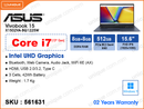 ASUS Vivobook X1502VA-BQ1225W Quiet Blue (Intel Core i7-13620H, 16GB DDR4 3200MHz  (onboard 8GB+8GB), 512GB M.2  PCIe 4 SSD (no slot free), Window 11, 15.6" FHD (1920x1080) IPS Lavel Panel, Weight 1.7 Kg)