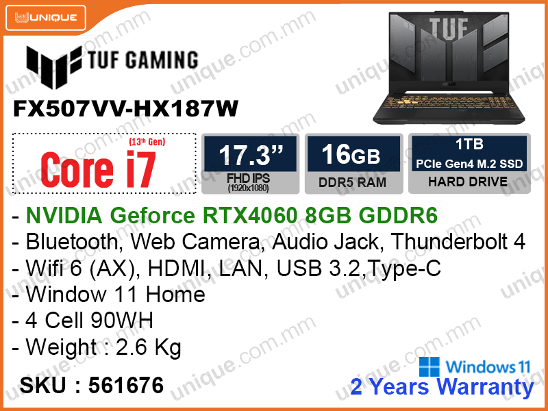 TUF FX707VV-HX187W Mecha Gray (Intel Core i7-13620H, 16GB DDR5 5600MHz (1 slot free, upto 32GB), PCIe M.2 SSD 1TB (1 slot free), Nvidia Geforce RTX4060 8GB GDDR6, Window 11, 17.3" FHD IPS, Weight 2.6 Kg)