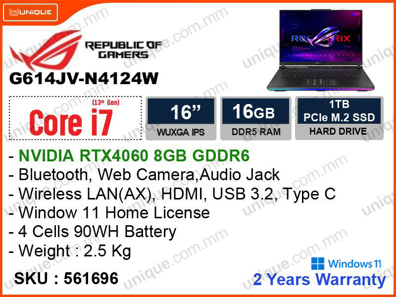 ROG Strix G G614JV-N4124W Gray (Intel Core i7-13650HX, 16GB DDR5 4800MHz, PCIe Gen 4 SSD 1TB, Nvidia Geforce RTX4060 8GB GDDR6, Window 11, 16" WQXGA, Weight 2.5kg )