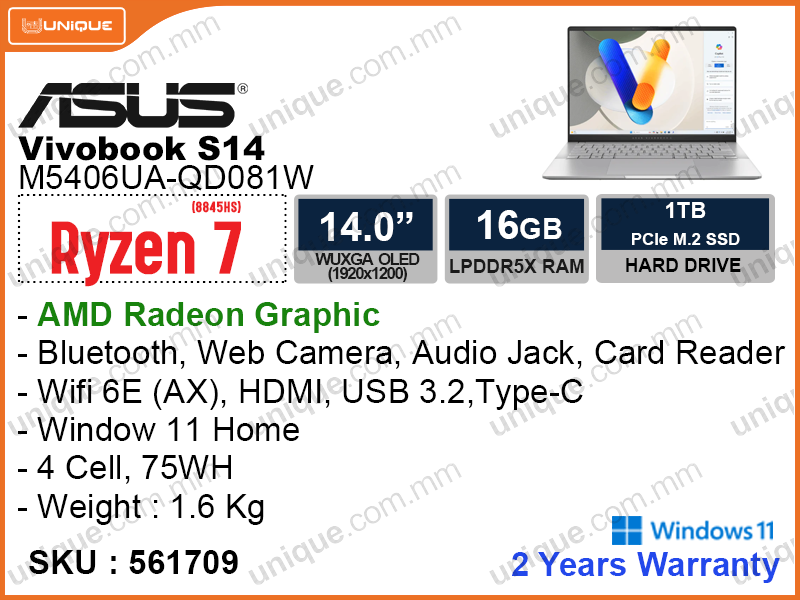 ASUS Vivobook S14 M5406UA-QD081W Cool Silver (AMD Ryzen 7-8845HS, 16GB LPDDR5X (onboard), PCIe M.2 SSD 1TB, Window 11, 14" WUXGA (1920x1200) OLED, Weight 1.6kg)