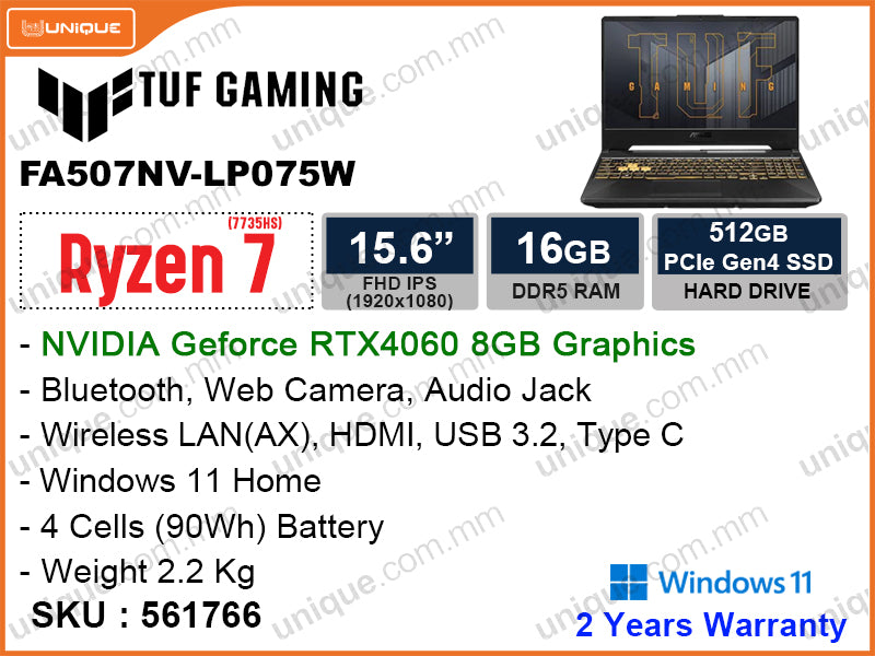 TUF A15 FA507NV-LP075W Mecha Gray (AMD Ryzen7 7735HS 3.2GHz, 16GB DDR5 4800MHz (1 slot free), PCIe M.2 SSD 512GB (M.2 PCIe Slot Free), Nvidia Geforce RTX4060 8GB GDDR6, Window 11, 15.6" FHD 1920x1080 IPS, Weight 2.2kg)