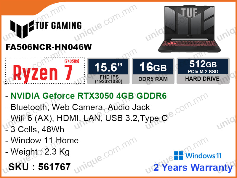 TUF A15 FA506NCR-HN046W Graphite Black (AMD Ryzen 7-7435HS, 16GB DDR5 5600MHz (1 slot free, upto 32GB), PCIe M.2 SSD 512GB (1 slot free), Nvidia Geforce RTX3050 4GB GDDR6, Window 11, 15.6'' FHD IPS (1920x1080), Weight 2.3 Kg)