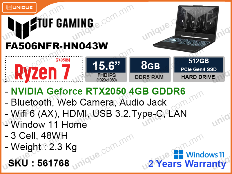 TUF A15 FA506NFR-HN043W Graphite Black (AMD Ryzen 7-7435HS 3.1GHz, 8GB DDR5 5600MHz(1 slot free), PCIe M.2 SSD 512GB (M.2 PCIe Slot Free), Nvidia Geforce RTX2050 4GB GDDR6, Window 11, 15.6" FHD (1920x1080) IPS, Weight 2.3 Kg)