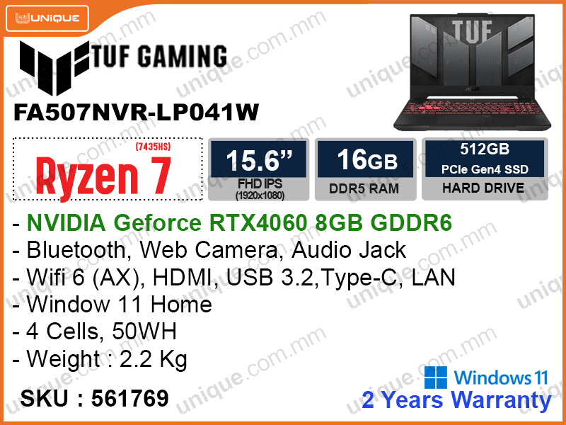 TUF FA507NVR-LP041W Mecha Gray (AMD Ryzen 7-7435HS, 16GB DDR5 4800MHz (1 slot free, upto 32GB), PCIe M.2 SSD 512GB, NVIDIA Geforce RTX4060 8GB GDDR6, Window 11, 15.6" FHD (1920x1080) IPS, Weight 2.2 Kg)