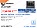 TUF A15 FA506NCG-HN205W Graphite Black (AMD Ryzen 7-7445HS, 8GB DDR5 (1 slot free, up to 64GB Max), 512GB PCIe Gen 4 NVMe M.2 SSD (1 slot free), NVIDIA Geforce RTX3050 4GB GDDR6, Window 11, 15.6" FHD (1920x1080) IPS Level Panel, Weight 2.3 Kg)