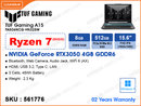 TUF A15 FA506NCG-HN325W Graphite Black (AMD Ryzen 7-8845HS, 8GB DDR5 5600MHz (1 slot free, up to 64GB), 512GB PCIe4 NVMe M.2 SSD (M.2 1 slot free), NVIDIA Geforce RTX3050 4GB GDDR6, Window 11, 15.6"  FHD (1920x1080) IPS Level Panel, Weight 2.3 Kg)