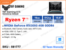 TUF A15 FA506NCQ-HN026W Graphite Black (AMD Ryzen 7-170, 16GB DDR5 4800MHz (1 slot free, up to 64GB), 512GB PCIe4 NVMe M.2 SSD (M.2 1 slot free), NVIDIA Geforce RTX3050 4GB GDDR6, Window 11, 15.6" FHD (1920x1080) IPS Level Panel, Weight 2.3 Kg)