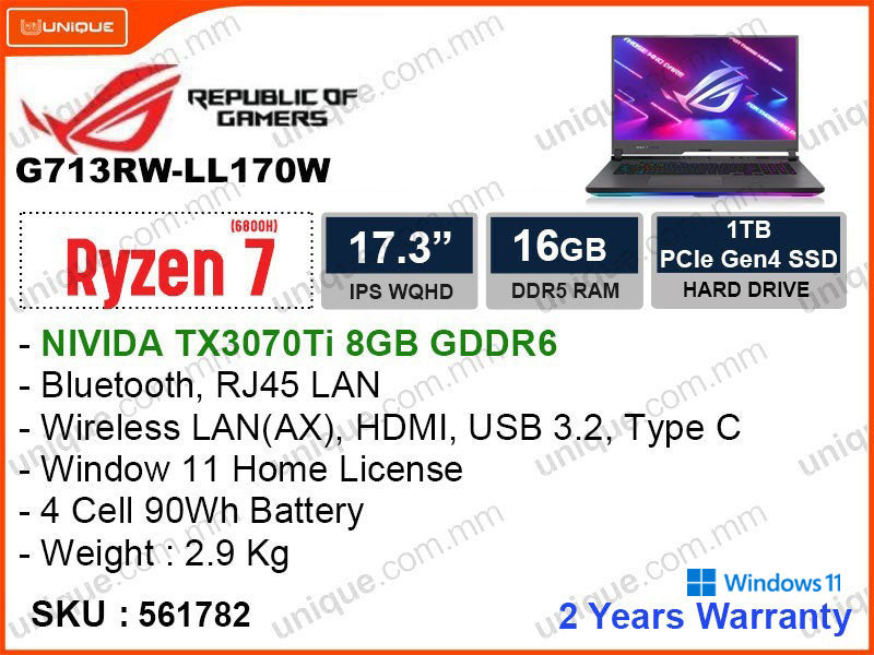 ROG Strix G G713RW-LL170W Eclipse Grey (AMD Ryzen R7-6800H, 16GB DDR5, PCIe M.2 SSD 1TB, Nvidia Geforce RTX3070Ti 8GB DDR6, Window 11, 17.3" WQHD, Weight 2.9 Kg)