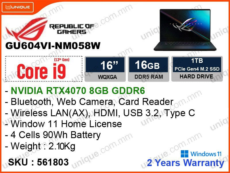 ROG Zephyrus GA6034VI-NM058W Off Black (Intel Core i9-13900H, 16GB DDR5 4800MHz, PCIe M.2 SSD 1TB, Nvidia Geforce RTX4070 8GB DDR6, Window 11, 16" WQXGA 2560x1600 240Hz IPS Level Panel, Weight 2.1 Kg)