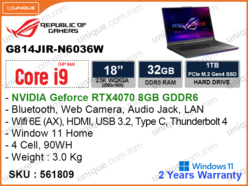 ROG Strix G814JIR-N6036W Eclipse Gray (Intel Core i9-14900HX, 32GB DDR5 5600MHz (no slot), PCIe M.2 SSD 1TB (M.2 PCIe slot free), NVIDIA Geforce RTX4070 8GB GDDR6, Window 11, 18'' WQXGA (2560x1600) IPS, Weight 3 Kg)