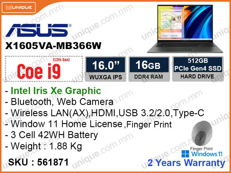 ASUS Vivobook X1605VA-MB366W Indie Black (Intel Core i9-13900H, 16GB DDR4 3200MHz (8GB+8GB), PCIe M.2 SSD 512GB, Window 11, 16" WUXGA VIPS 1920x1200, Weight 1.88 Kg)