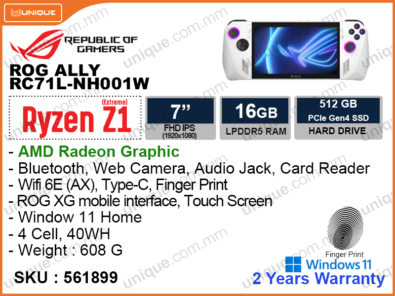 ROG ALLY RC71L-HN001W White (AMD Ryzen Z1 Extreme, 16GB LPDDR5 6400MHz (onboard, no slot), PCIe M.2 Gen4 SSD 512GB (no slot), Window 11, 7'' FHD (1920x1080) IPS, Touch Screen & Finger Print, Weight 608 G)