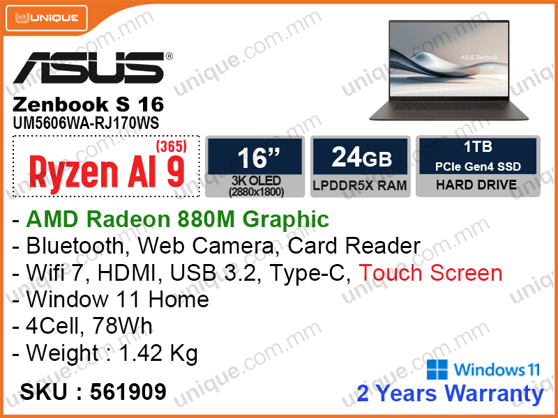 ASUS Zenbook S 16 UM5606WA-RJ170WS Zumaia Gray (AMD Ryzen AI 9-365, 24GB LPDDR5X 7500MHz (onboard, no slot), PCIe Gen4 M.2 SSD 1TB (no slot), Window 11, 16" OLED 3K (2880x1800) Touch Screen, Weight 1.5 Kg)