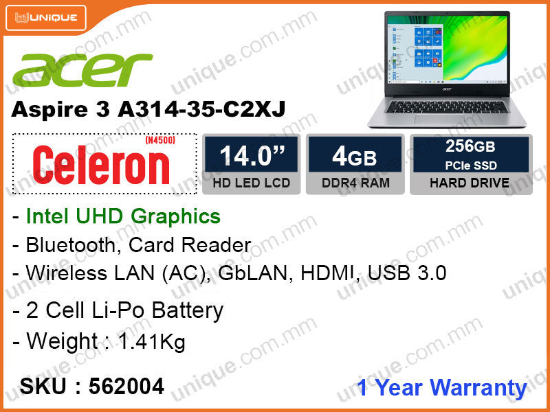 acer Aspire 3 A314-35-C2XJ Pure Silver (Intel Celeron N4500, 4GB DDR4, PCIe M.2 SSD 256GB, 14" HD)
