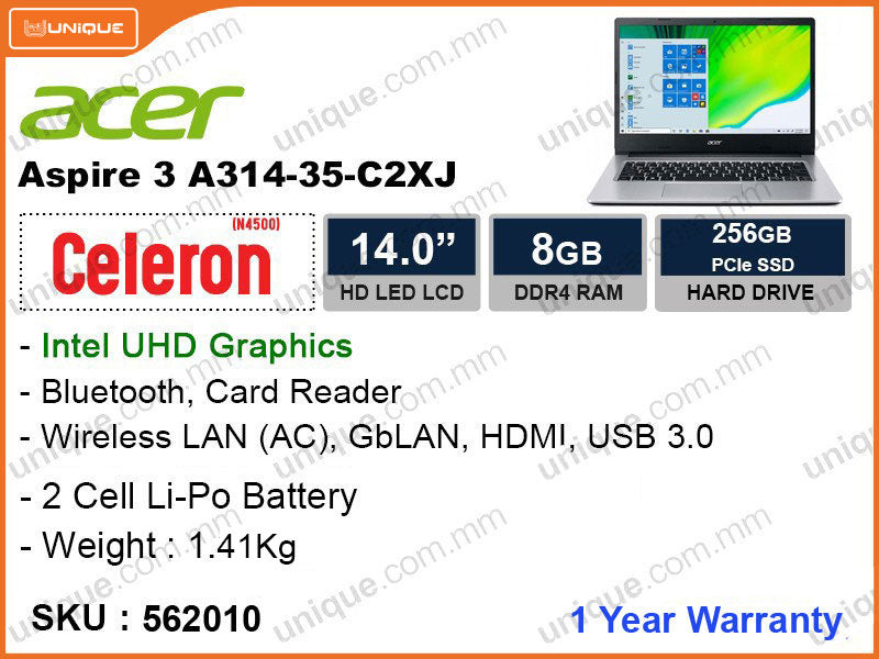 acer Aspire 3 A314-35-C2XJ Pure Silver (Intel Celeron N4500, 8GB DDR4 3200MHz, PCIe M.2 SSD 256GB, 14" HD, Weight 1.41kg)