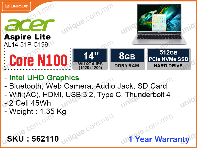 acer Aspire Lite AL14-31P-C199 Silver (Intel N100, 8GB DDR5 4800MHz (no slot free, can remove the existing one), PCIe M.2 SSD 512GB (no slot free, can remove the existing one), 14" WUXGA (1920x1200) IPS, Weight 1.35 Kg)