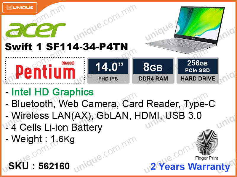 acer Swift 1 SF114-34-P4TN Pure Silver (Intel Pentinum N6000, 8GB DDR4 2933MHz, PCIe M.2 SSD 256GB, 14" FHD IPS, Weight 1.6 kg)