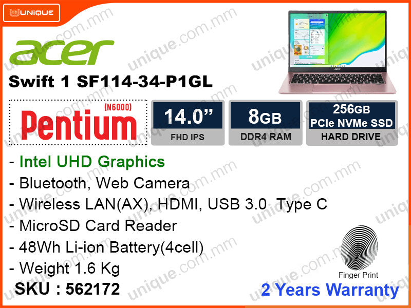 acer Swift 1 SF114-34-P1GL Sakura Pink (Intel Pentinum N6000, 8GB DDR4 2933MHz, PCIe M.2 SSD 256GB, 14" FHD, Weight 1.6 kg)