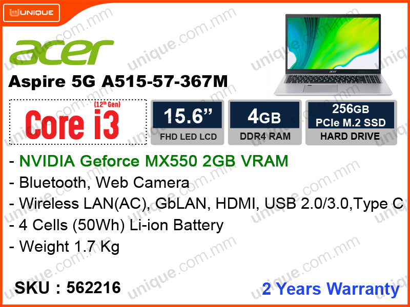 acer Aspire 5G A515-57G-367M Steel Gray (Intel Core i3-1215U, 4GB DDR4 3200MHz, PCIe M.2 SSD 256GB, Nvidia Geforce MX550 2GB, 15.6" FHD, Weight 1.7 Kg)