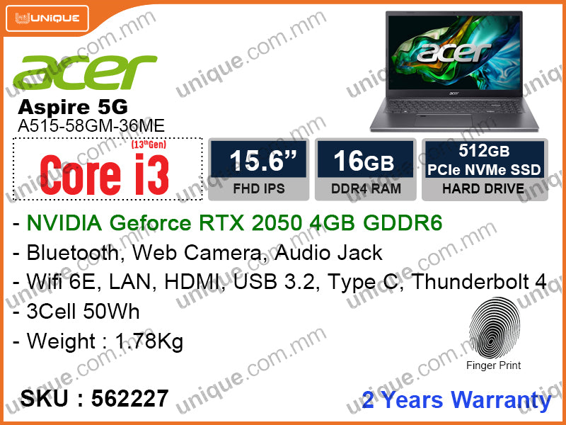 acer Aspire 5G A515-58GM-36ME Steel Gray (Intel Core i3-1315U, 16GB DDR4 3200MHz (1 slot free) , PCIe M.2 SSD 512GB (1 slot free), NVIDIA Geforce RTX2050 4GB GDDR6, 15.6" FHD (1920x1080) IPS Level Panel, Weight 1.78 Kg)