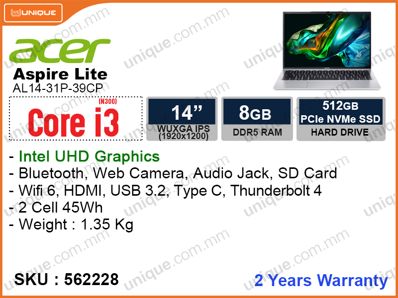 acer Aspire Lite AL14-31P-39CP Silver (Intel Core i3-N300, 8GB DDR5 4800MHz (no slot free, can remove the existing one), PCIe M.2 SSD 512GB (no slot free, can remove the existing one), 14" WUXGA (1920x1200) IPS, Weight 1.35 Kg)