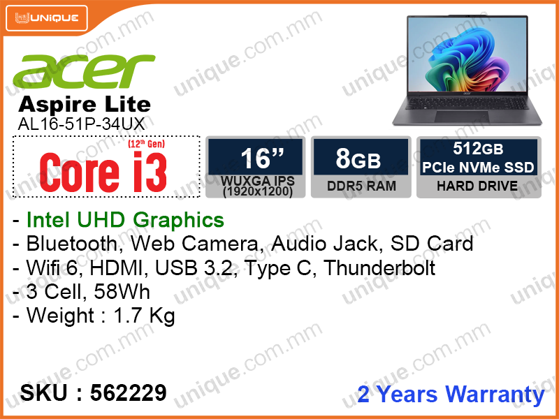 acer Aspire Lite AL16-51P-34UX Steel Gray (Intel Core i3-1215U, 8GB DDR5 4800MHz (1 slot free), PCIe M.2 SSD 512GB (no slot free, can remove the existing one), 16" WUXGA (1920x1200) IPS, Weight 1.7 Kg)