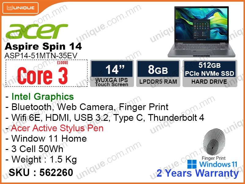 acer Aspire Spin 14 ASP14-51MTN-35EV Steel Gray (Intel Core 3-100U, 8GB LPDDR5 (no slot), PCIe M.2 SSD 512GB (not upgradeable), Window 11, 14'' WUXGA IPS (1920x1200) Touch Screen With Pen, Weight 1.5 Kg)