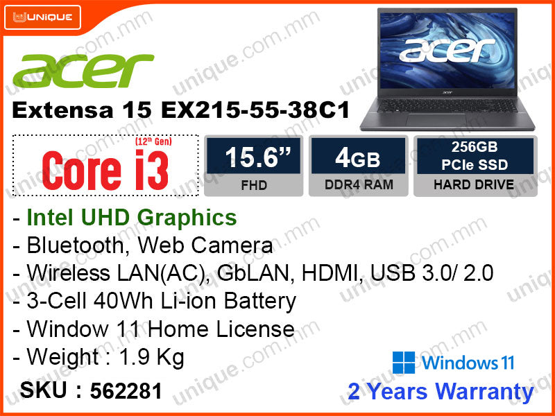 acer Extensa 15 EX215-55-38C1 Steel Gray (Intel Core i3-1215U, 4GB DDR4 3200MHz, PCIe M.2 SSD 256GB, Window 11, 15.6" FHD, Weight 1.9 Kg)