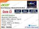 acer Extensa 15 EX215-33-36LO Pure Silver (Intel Core i3-N305, 8GB DDR5 4800MHz, PCIe M.2 SSD 512GB, Window 11, 15.6" FHD, Weight 1.7 Kg)