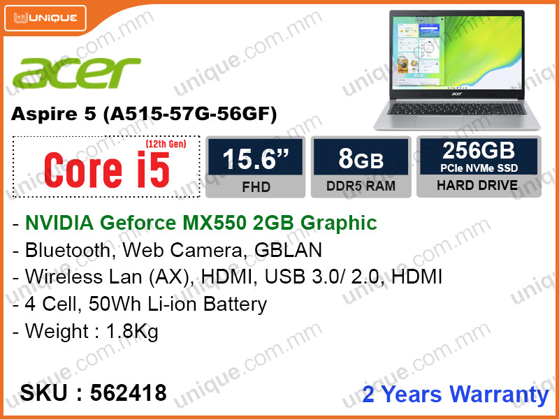 acer Aspire 5G A515-57G-56GF Steel Gray (Intel Core i5-1235U, 8GB DDR4 3200MHz, PCIe M.2 SSD 256GB, Nvidia Geforce MX550 2GB, 15.6" FHD, Weight 1.8 Kg)