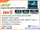 acer Aspire A515G A515-58GM-53PD Steel Gray (Intel Core i5-1335U, 8GB DDR4 (1 slot free) , PCIe M.2 SSD 512GB, Nvidia Geforce RTX2050 4GB DDR6, Window 11, 15.6" FHD, Weight 1.8 Kg)