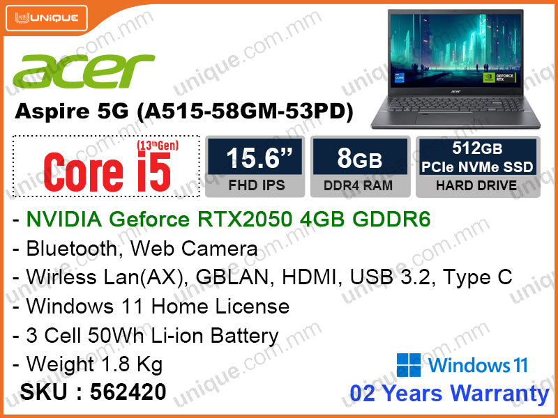 acer Aspire A515G A515-58GM-53PD Steel Gray (Intel Core i5-1335U, 8GB DDR4 (1 slot free) , PCIe M.2 SSD 512GB, Nvidia Geforce RTX2050 4GB DDR6, Window 11, 15.6" FHD, Weight 1.8 Kg)