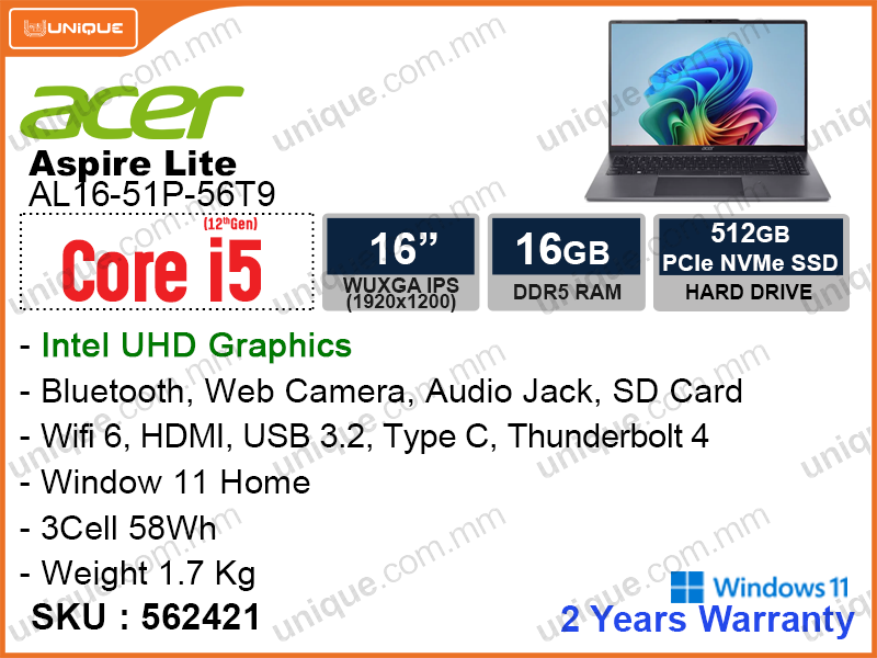 acer Aspire Lite AL16-51P-56T9 Steel Gray (Intel Core i5-1235U, 16GB DDR5 4800MHz (no slot free, can remove the existing one), PCIe M.2 SSD 512GB (no slot free, can remove the existing one), Window 11, 16" WUXGA (1920x1200) IPS, Weight 1.7 Kg)