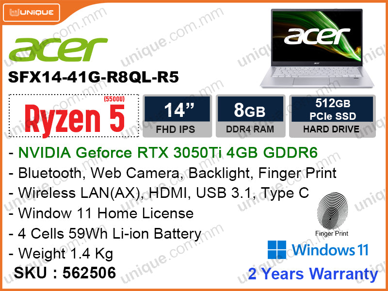 acer Swift X SFX14-41G-R8QL Steam Blue (AMD Ryzen5-5500U, 8GB DDR4 4266MHz, PCIe M.2 SSD 512GB, Nvidia Geforce RTX 3050Ti 4GB DDR6, Window 11, 14" FHD IPS, Weight 1.4 Kg)