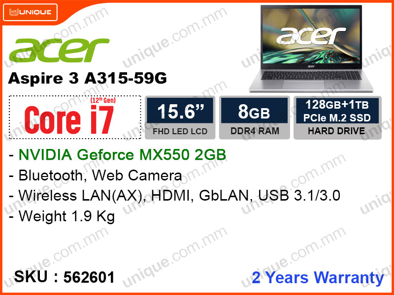 acer Aspire3 A315-59G Pure Silver (Intel Core i7-1255U, 8GB DDR4 3200MHz, PCIE M2 SSD 128GB + HDD 1TB, Nvidia Geforce MX550 2GB, 15.6" FHD, Weight 1.9 Kg)