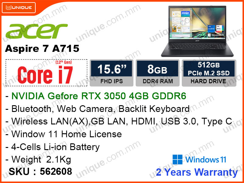 acer Aspire 7 A715-51G-75QE Charcoal Black (Intel Core i7-1260P, 8GB DDR4 3200MHz, PCIe M.2 SSD 512GB, Nvidia Geforce RTX3050 4GB DDR6, Window 11, 15.6" FHD, Weight 2.1 Kg)