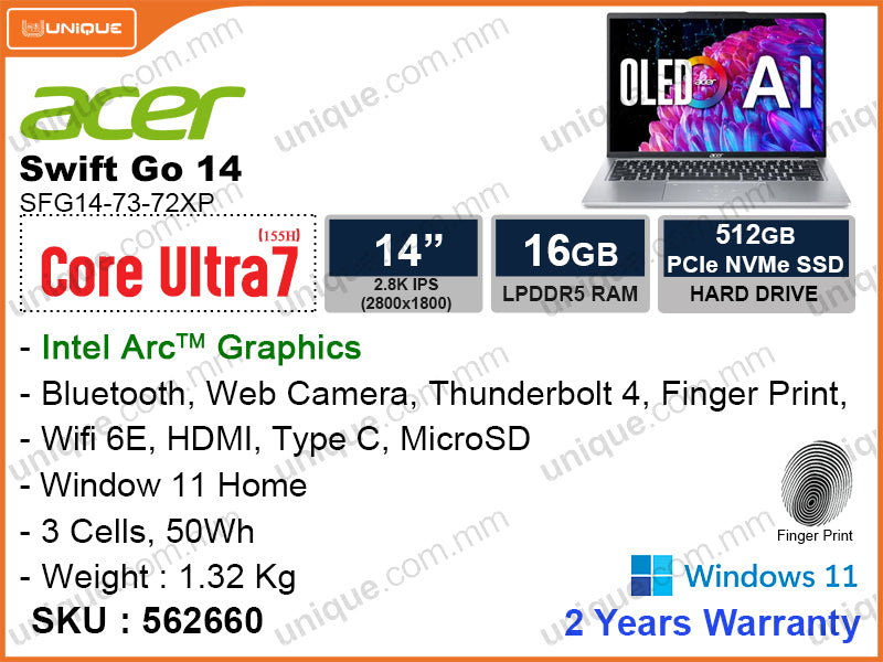 acer Swift Go 14 SFG14-73-72XP Pure Silver (Intel Core Ultra 7-155H, 16GB LPDDR5X 6400MHz (no slot), PCIe M.2 SSD 512GB (upto), Window 11, 14" 2.8K IPS (2880x1800), Weight 1.32 Kg)