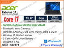 acer Extensa 15 EX215-55G-72HS Steel Gray (Intel Core i7-1255U, 8GB DDR4 2667MHz, PCIe M.2 SSD 512GB, NVIDIA Geforce MX550 2GB, Window 11, 15.6" FHD, Weight 2.1 Kg)