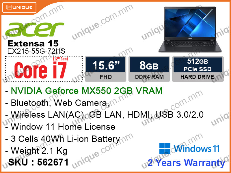 acer Extensa 15 EX215-55G-72HS Steel Gray (Intel Core i7-1255U, 8GB DDR4 2667MHz, PCIe M.2 SSD 512GB, NVIDIA Geforce MX550 2GB, Window 11, 15.6" FHD, Weight 2.1 Kg)