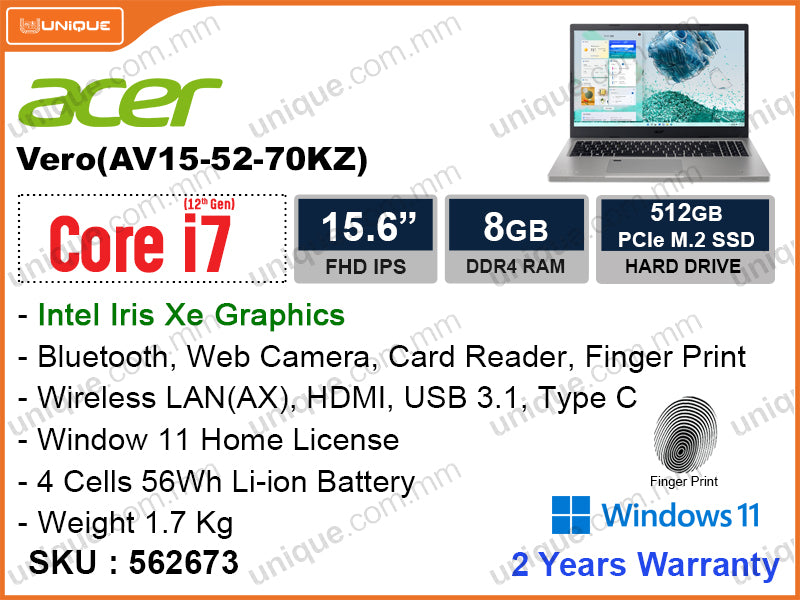 acer Aspire Vero AV15-52-70KZ Cobblestone Gray (Intel Core i7-1255U, 8GB DDR4 3200MHz, PCIe M.2 SSD 512GB, Window 11, 15.6" FHD, Weight 1.7 Kg)