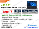 acer Extensa 15 EX215-55G-75R8 Steel Gray (Intel Core i7-1255U, 8GB DDR4 3200MHz (1 slot free), PCIe M.2 SSD 512GB (1 slot free), Nvidia Geforce MX550 2GB, Window 11, 15.6" FHD, Weight 2.1 Kg)