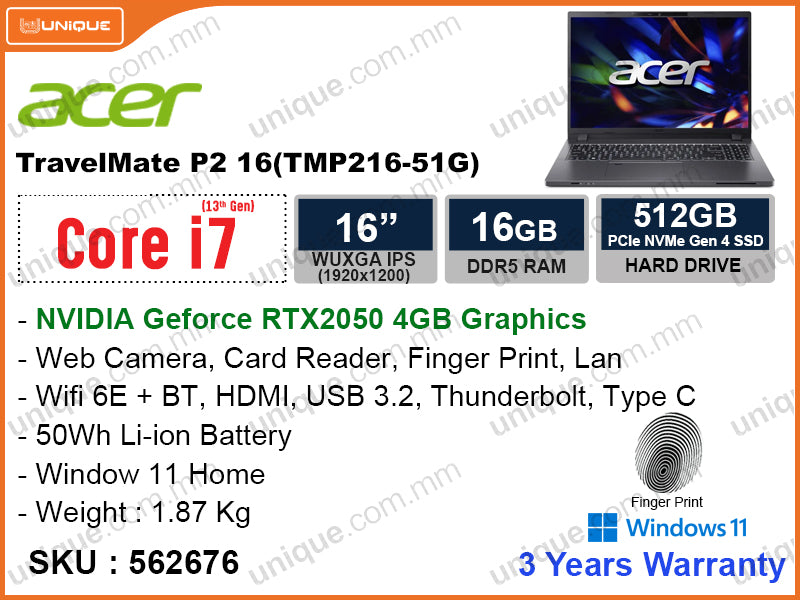 acer TravelMate P2 16 TMP216-51G-778Z Steel Gray (Intel Core i7-1355U, 16GB DDR4 (1 slot free), PCIe M.2 SSD 512GB (1 slot free), Nvidia Geforce RTX2050 4GB DDR6, Window 11, 16" WUXGA 1920x1200, Weight 1.87 Kg)